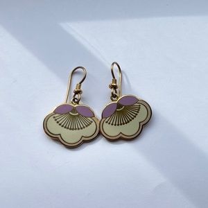 Laurel Burch Plum Blossom Cream Lavender Gold Tone Dangle Earrings